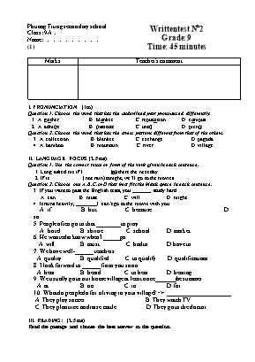 Bộ đề kiểm tra 45 số 2 phút môn Tiếng Anh Lớp 9 - Năm học 2019-2020 - Trường THCS Phương Trung